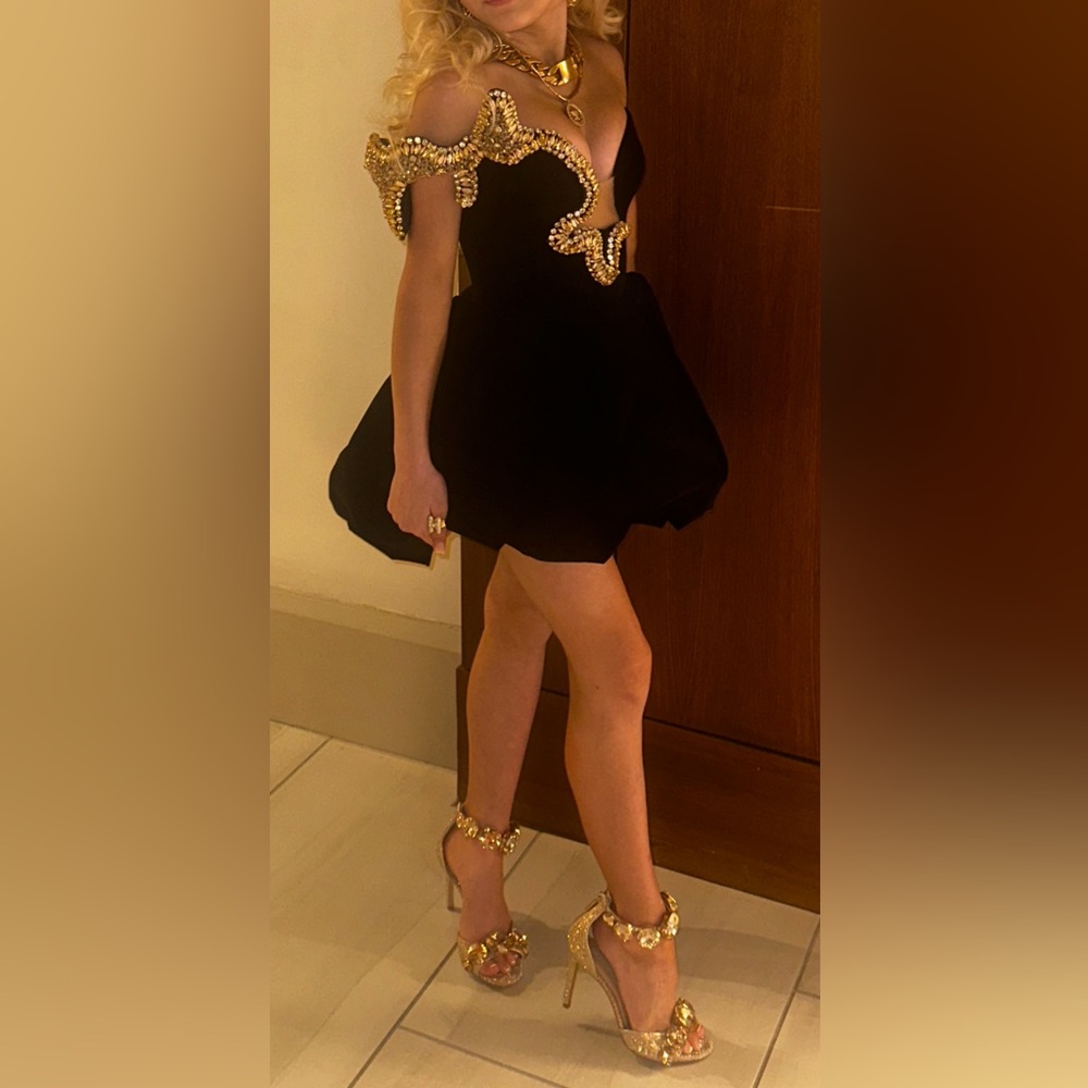 Albina dyla Black Mini Dress with Gold Embellished Trim